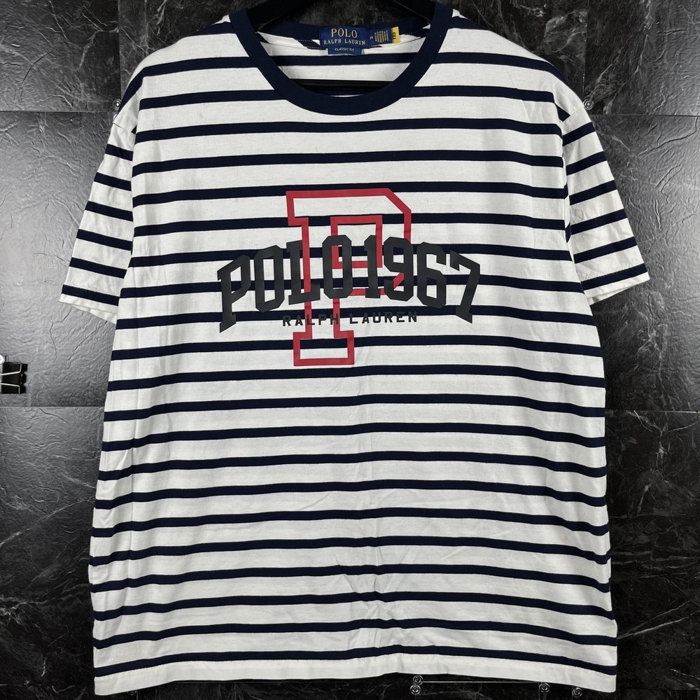 Polo Ralph Lauren Men's White Striped Classic Logo Shirt Medium